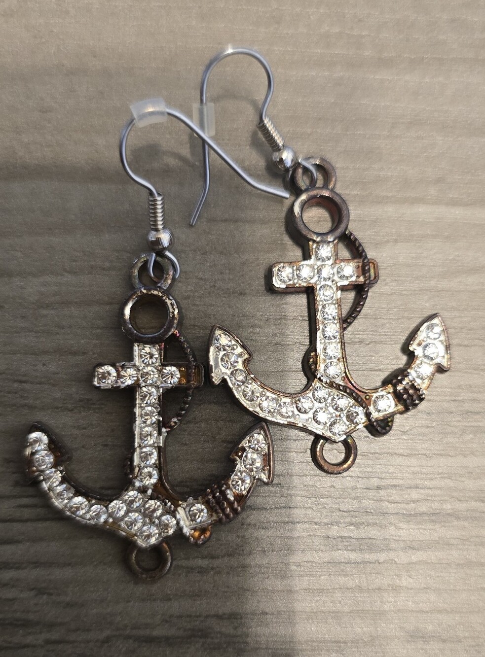 Rhinestone Anchor Dangle Earrings - Clear Crystal on Antique Metal